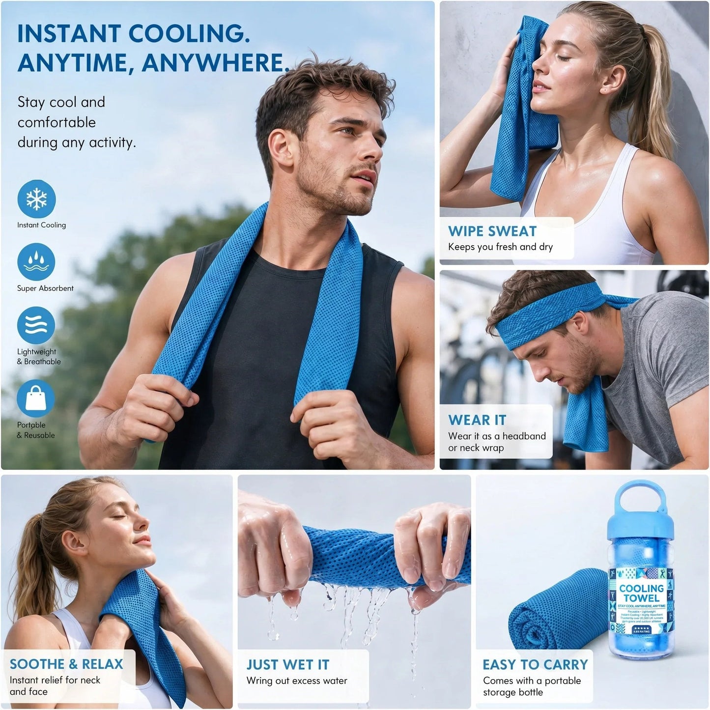 Cold Sweat Towel You Can Use Anywhere, Anytime! Reusable Soft Absorbent Cooling Portable