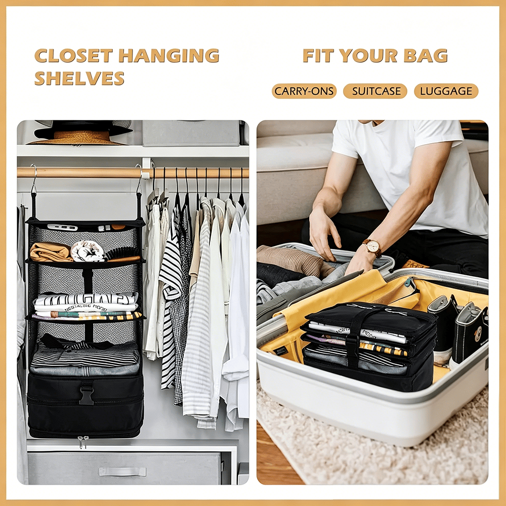 Travel Hanging Closet Organizer Bag with Hooks & Compression Straps