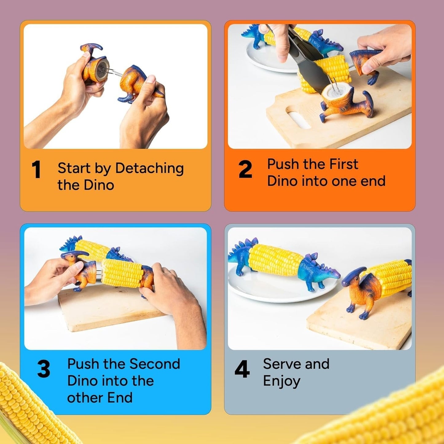 Dinosaur Corn Cob Holders with Stainless Steel Prongs