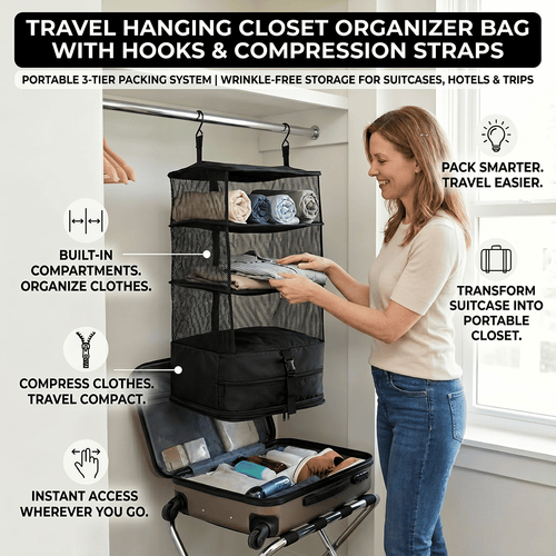 Travel Hanging Closet Organizer Bag with Hooks & Compression Straps