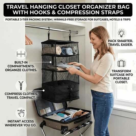 Travel Hanging Closet Organizer Bag with Hooks & Compression Straps