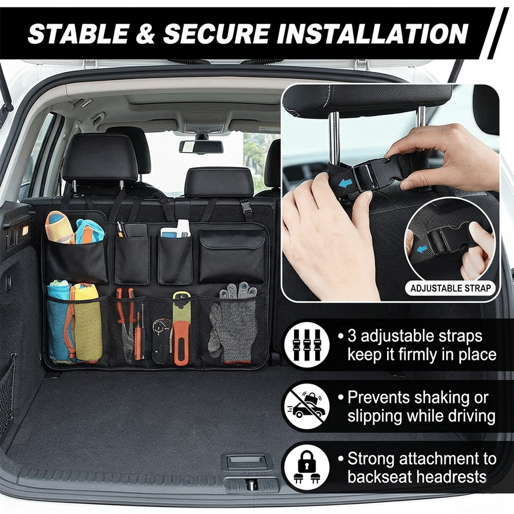 Car Trunk Organizer – Hanging Storage with 8 Pockets for SUVs & Trucks