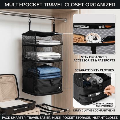 Travel Hanging Closet Organizer Bag with Hooks & Compression Straps
