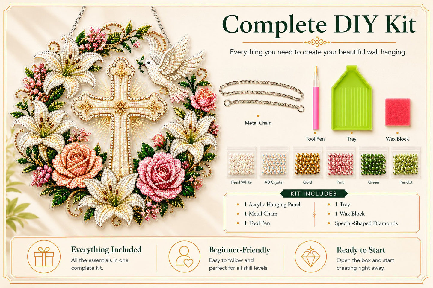 Christian Cross & Dove Diamond Art Hanging Ornament Kit