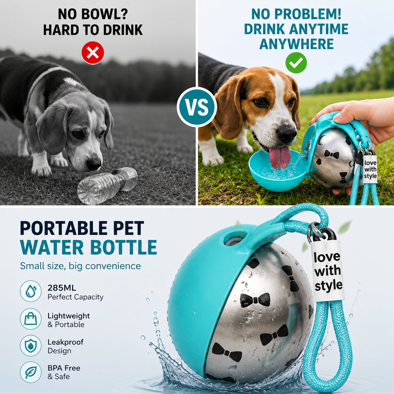 Foldable 304 Stainless Steel Dog Water Bottle Portable Pet Travel Drinking Cup