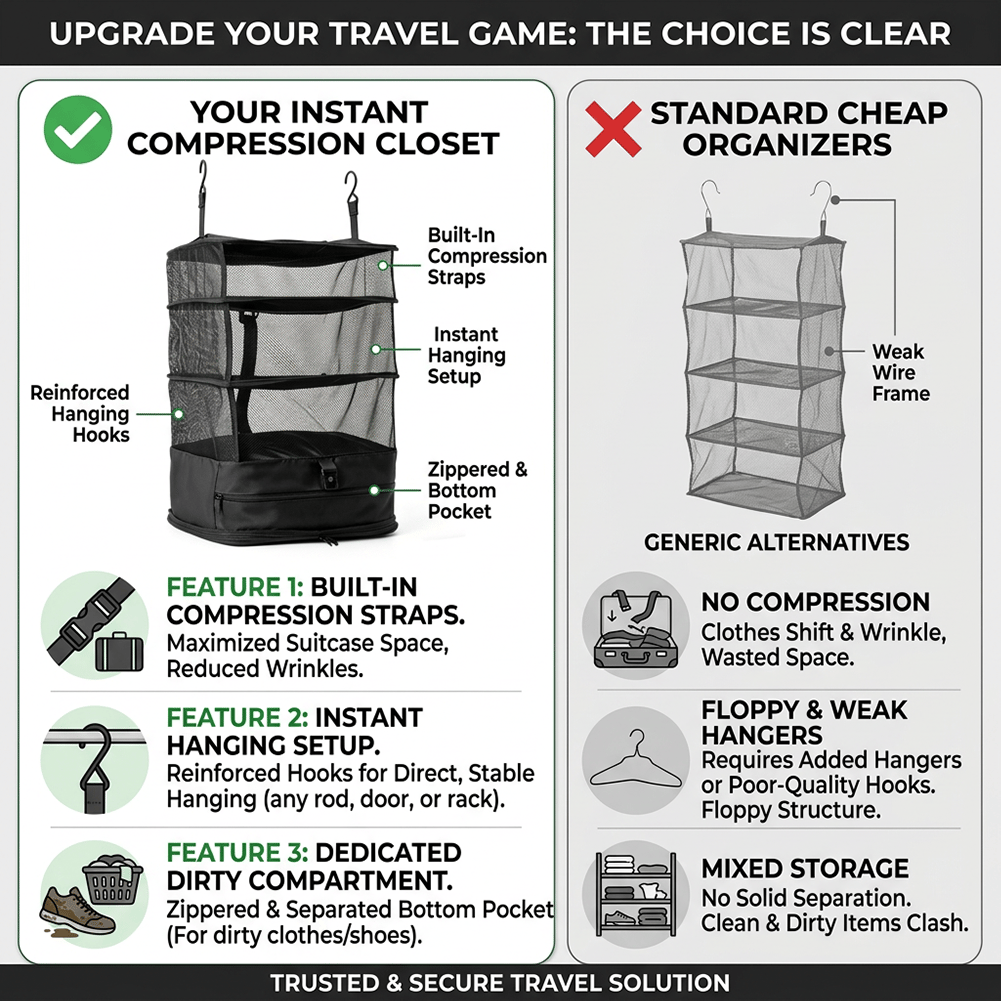 Travel Hanging Closet Organizer Bag with Hooks & Compression Straps