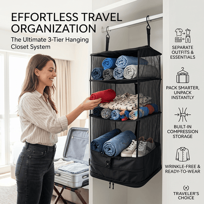 Travel Hanging Closet Organizer Bag with Hooks & Compression Straps