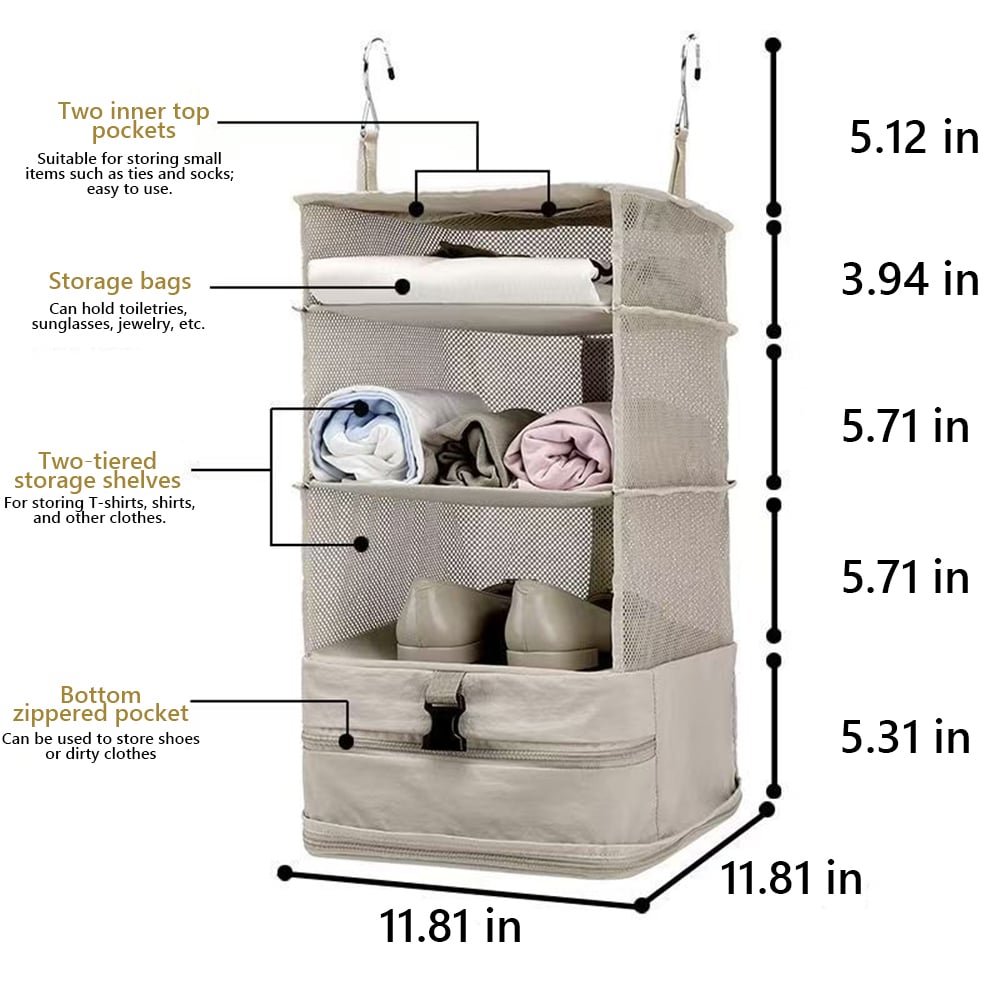 Travel Hanging Closet Organizer Bag with Hooks & Compression Straps