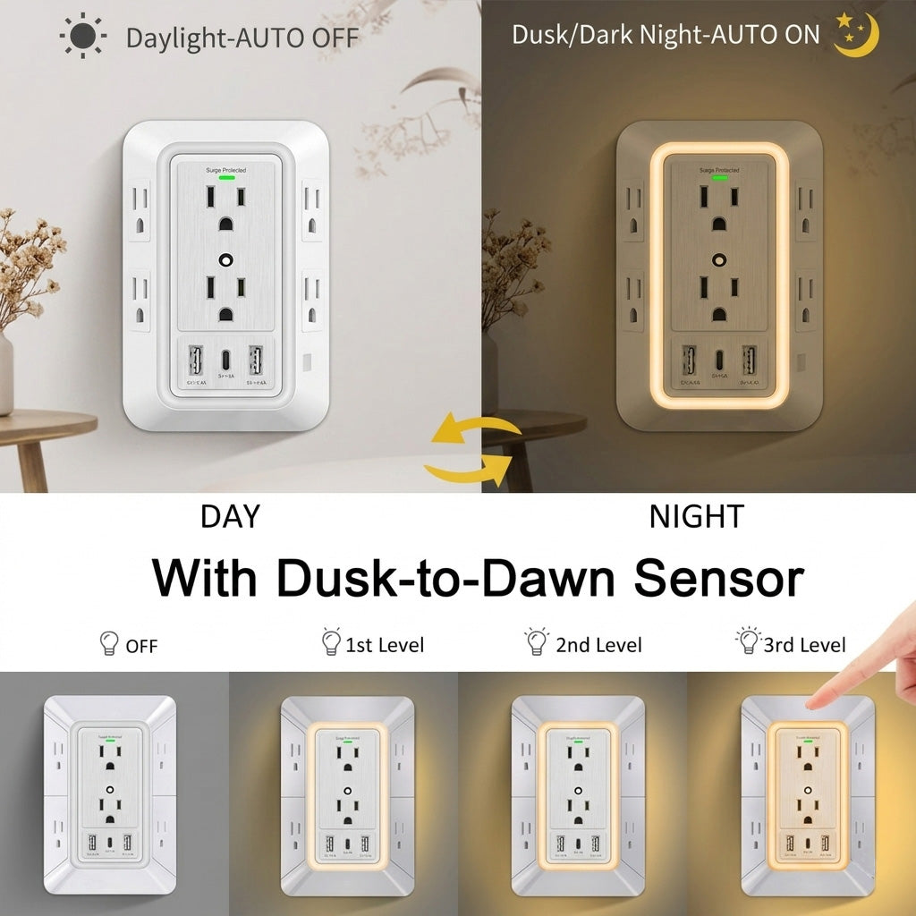 6-Outlet Extender with USB-C, Surge Protection & Night Light