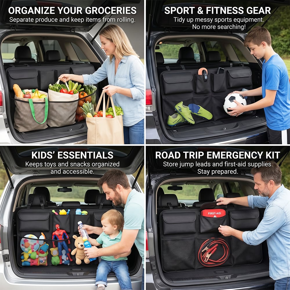 Car Trunk Organizer – Hanging Storage with 8 Pockets for SUVs & Trucks
