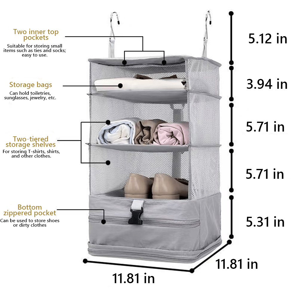 Travel Hanging Closet Organizer Bag with Hooks & Compression Straps