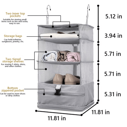 Travel Hanging Closet Organizer Bag with Hooks & Compression Straps