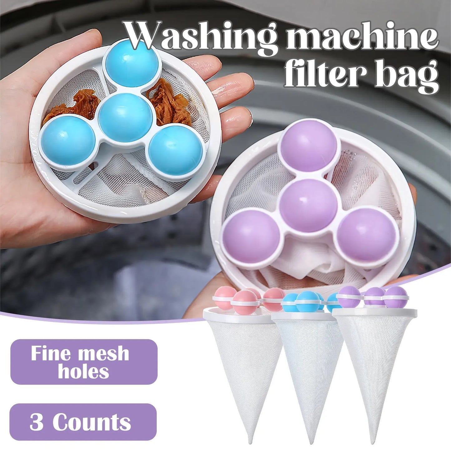 3-Pack Washing Machine Filter Bag, Reusable Floating Hair Filter for Laundry Washer Cotton