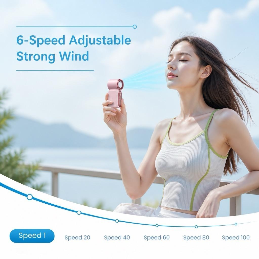 Mini Handheld Fan with LED Display – 6-Speed Turbo Pocket Fan for Women