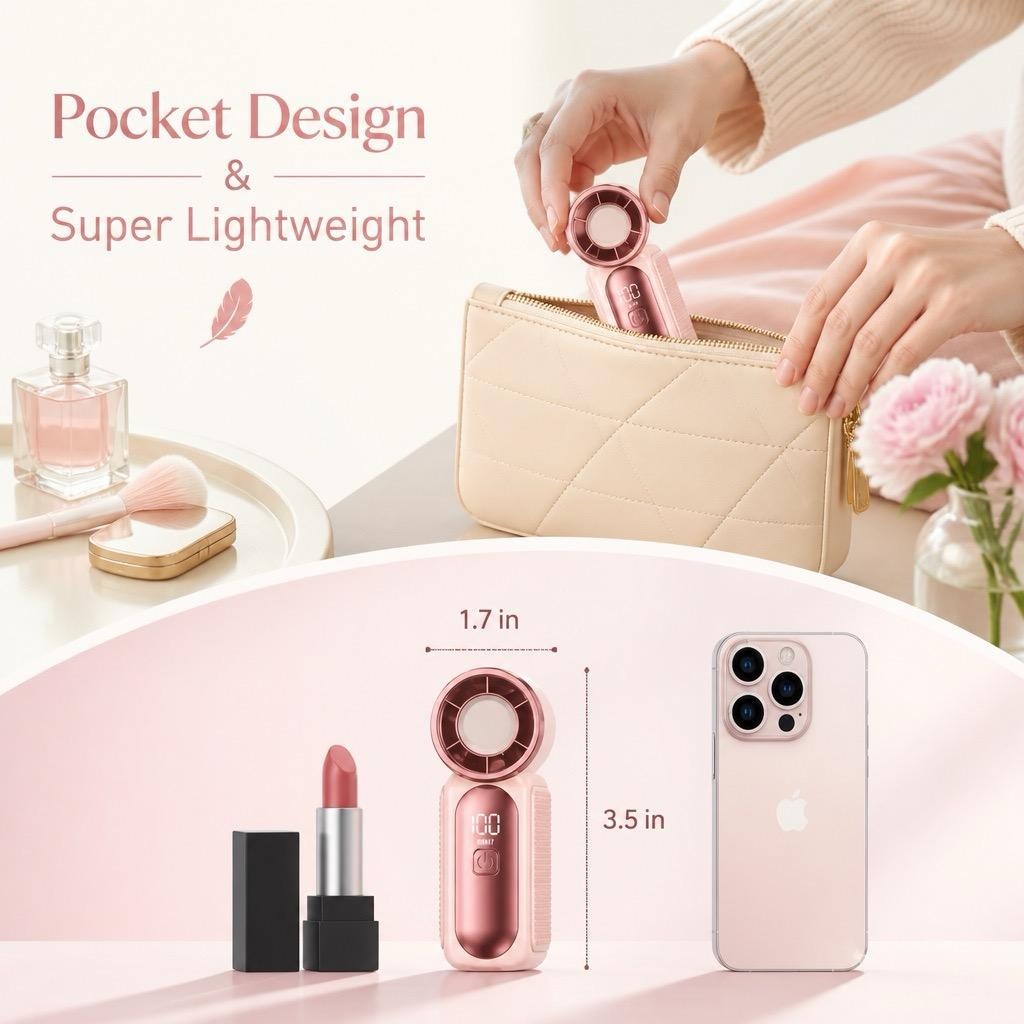 Mini Handheld Fan with LED Display – 6-Speed Turbo Pocket Fan for Women