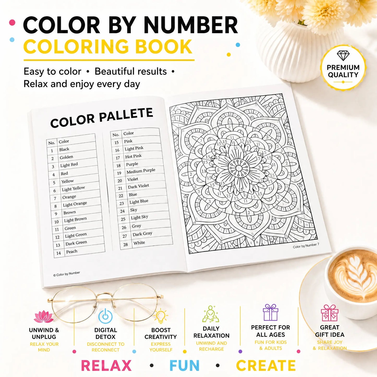 Color By Number Art Book with 75 Beautiful Relaxing Adult Coloring Pages for Stress Relief