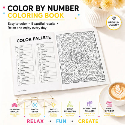 Color By Number Art Book with 75 Beautiful Relaxing Adult Coloring Pages for Stress Relief