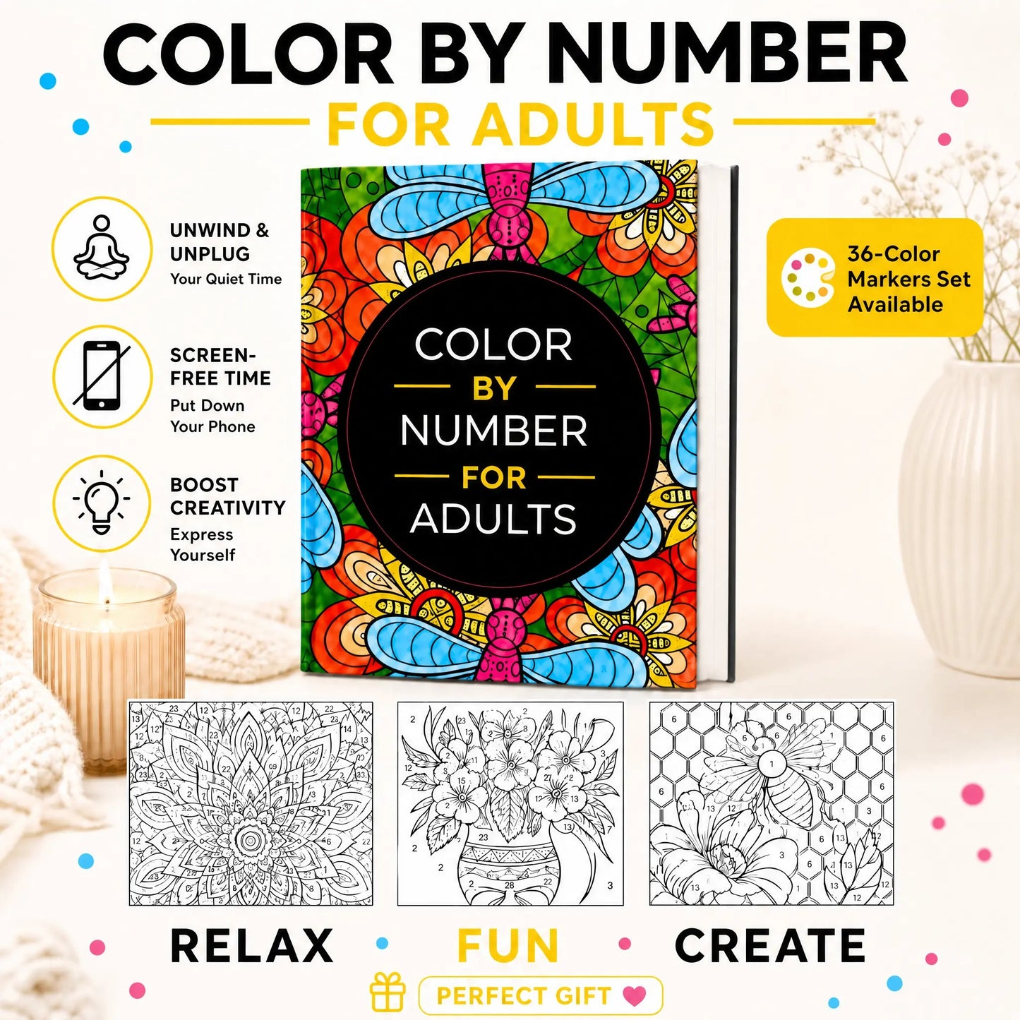 Color By Number Art Book with 75 Beautiful Relaxing Adult Coloring Pages for Stress Relief
