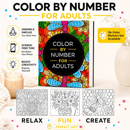 Color By Number Art Book with 75 Beautiful Relaxing Adult Coloring Pages for Stress Relief