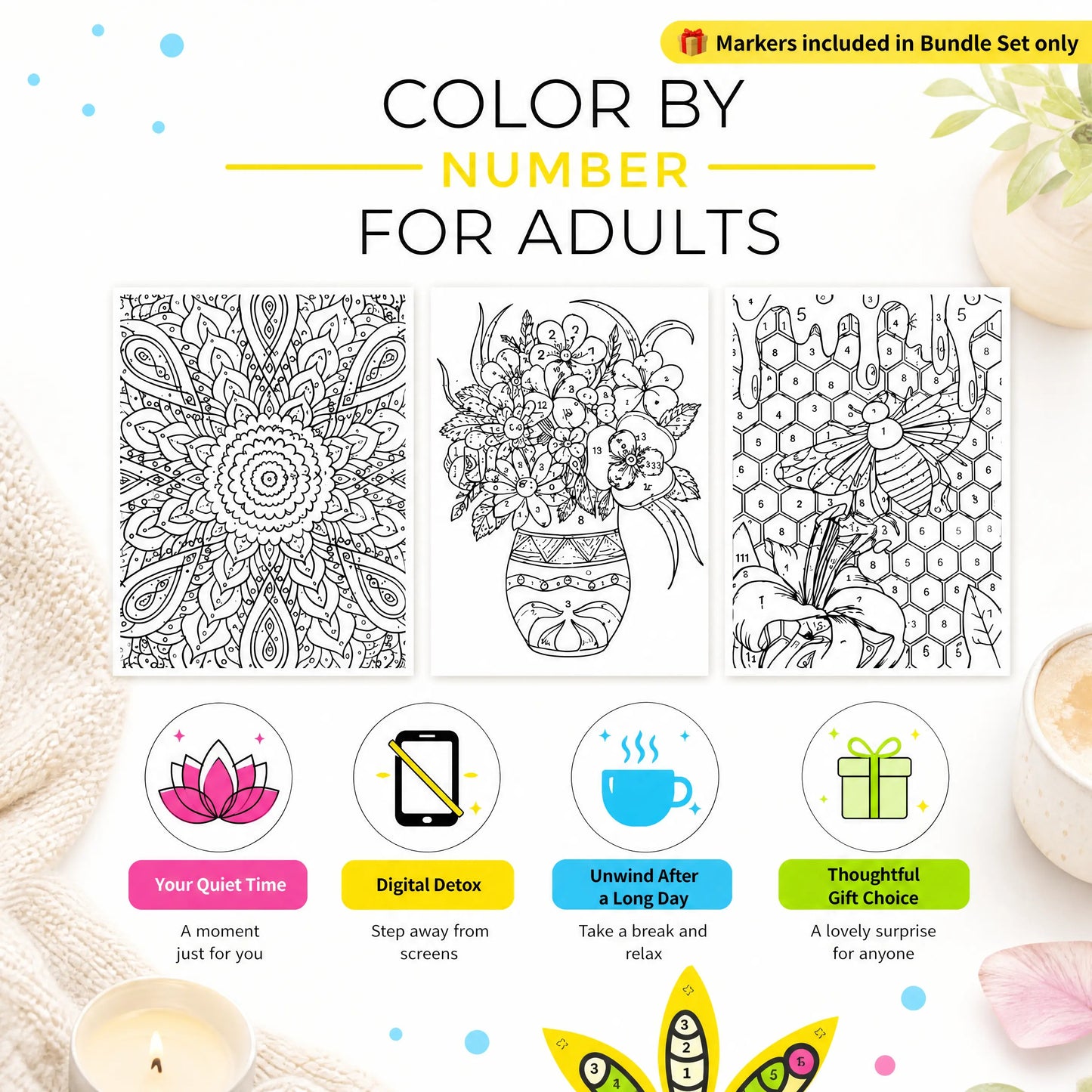 Color By Number Art Book with 75 Beautiful Relaxing Adult Coloring Pages for Stress Relief