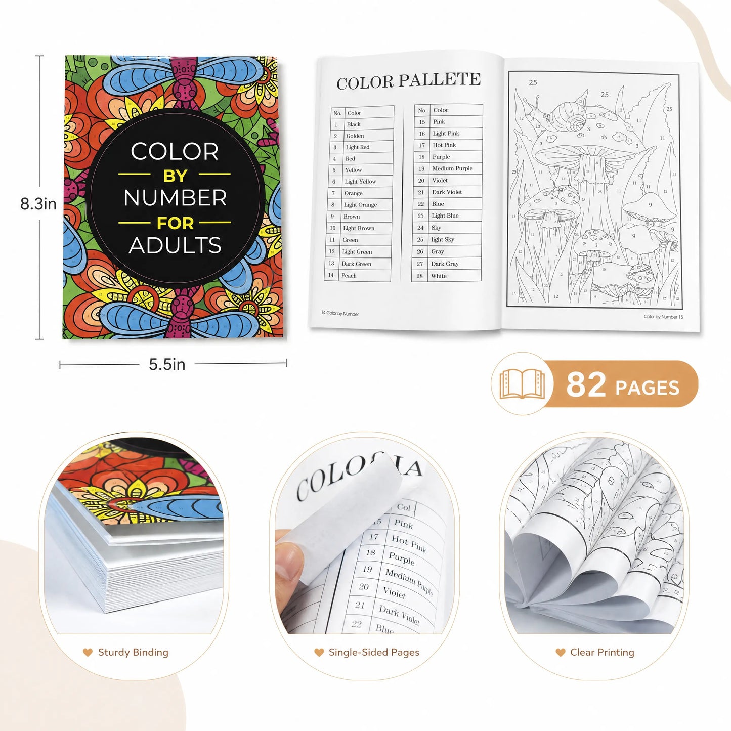 Color By Number Art Book with 75 Beautiful Relaxing Adult Coloring Pages for Stress Relief